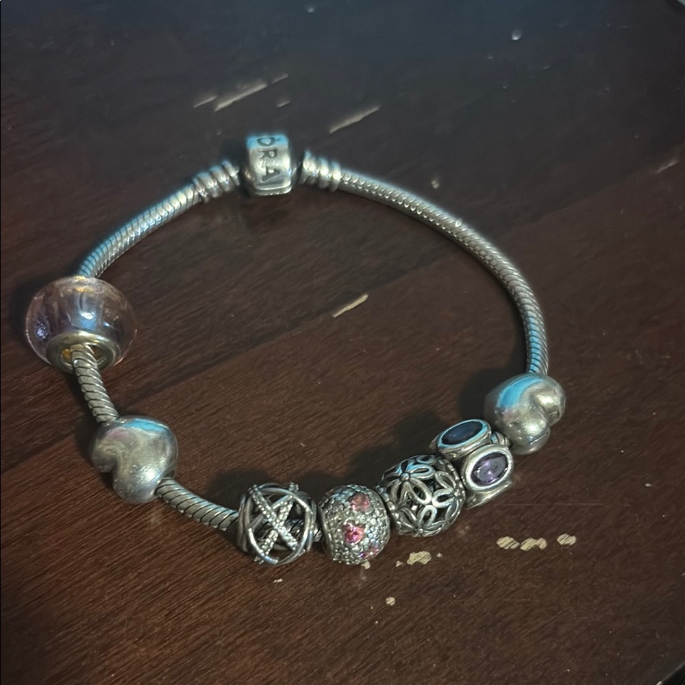 Pandora Silver and Purple Charm Bracelet